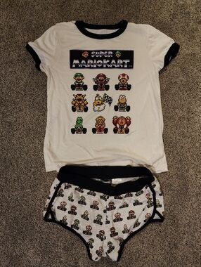 Mario Kart White & Black Ringer Tee with Pixel Character Print Size M